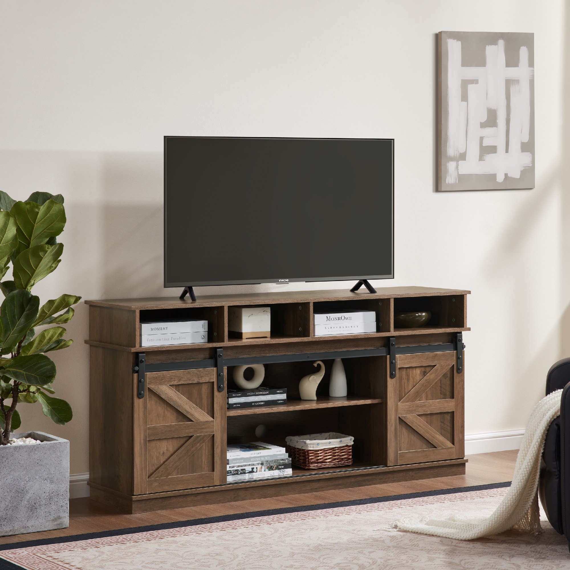 TV Stand Sliding Barn Door Modern&Farmhouse Wood Entertainment Center, Storage Cabinet Table Living Room with Adjustable Shelves for TVs Up to 65",Natural Brown TV Stand Sliding Barn Door Modern&Farmhouse Wood Entertainment Center, Storage Cabinet Table Living Room with Adjustable Shelves for TVs Up to 65",Natural Brown